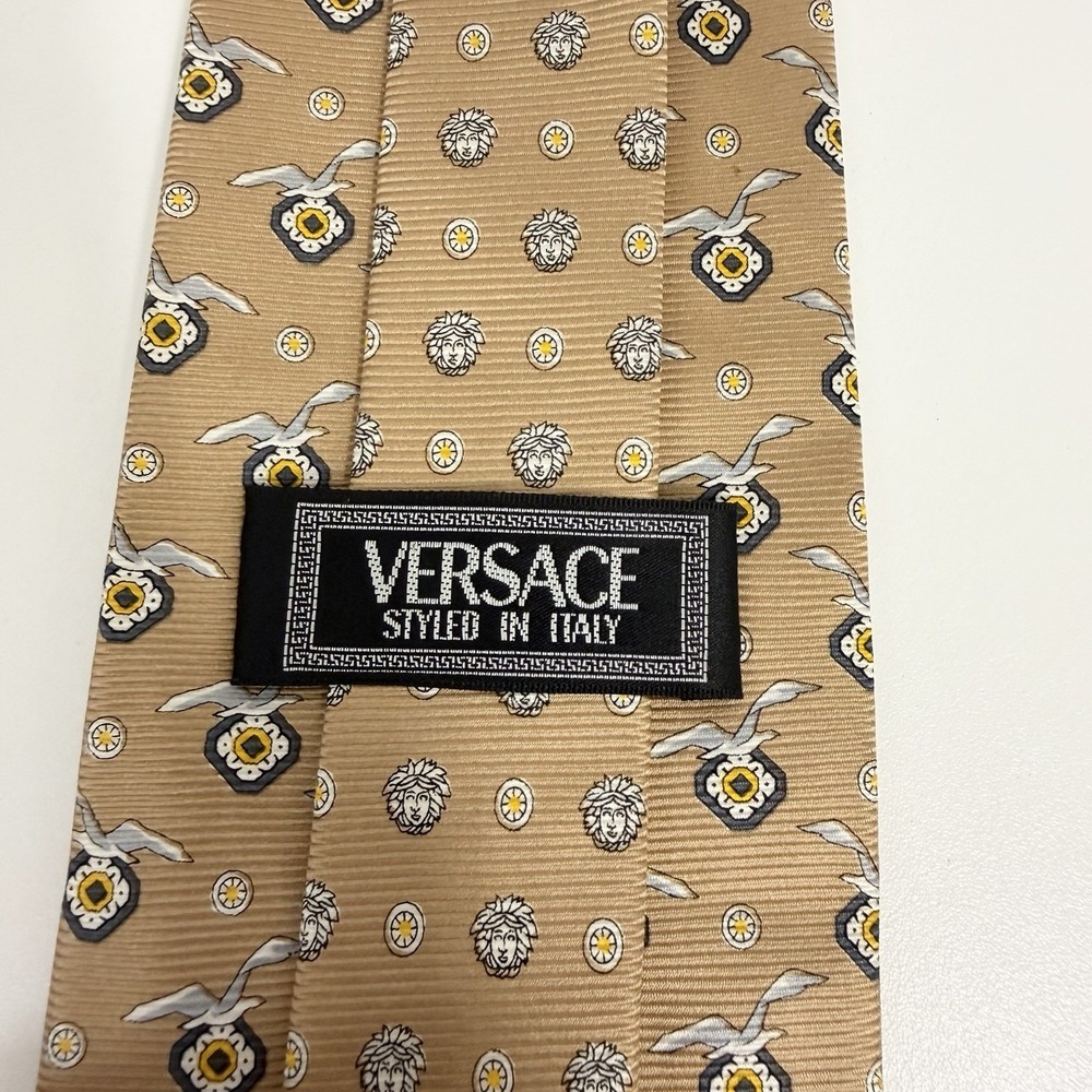 Versace Men's Tie Medusas & Birds Caramel Brown Silk Italy 3.75" (W) 55" (L) euc